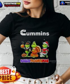 Awesome Cummins X Grinch cosplay on a happy HalloThanksMas ladies tee, featuring festive colors and cheerful design.