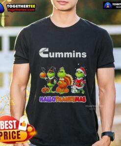 Awesome Cummins X Grinch cosplay T-shirt for Happy Hallothanksmas featuring a festive design and vibrant colors.