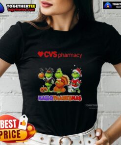 Awesome Cvsharmacy X Grinch cosplay ladies tee for Happy HalloThanksMas celebration, featuring festive designs and vibrant colors.