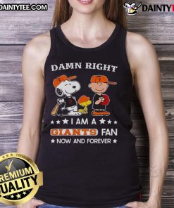 Giants fan tank top featuring Snoopy and Charlie Brown, showcasing pride with 'Awesome Damn Right I Am' slogan.