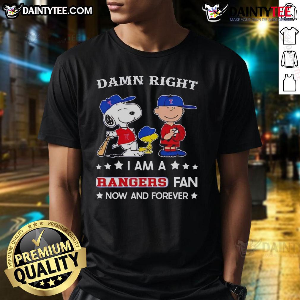 Awesome Damn Right I Am A Rangers Fan Now And Forever Snoopy And Charlie Brown T-Shirt Awesome Rangers fan T-shirt featuring Snoopy and Charlie Brown, perfect for showing team spirit now and forever.