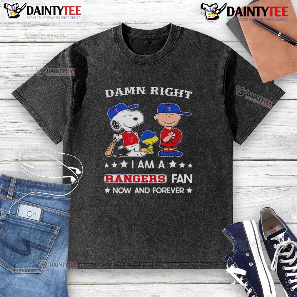 Awesome Damn Right I Am A Rangers Fan Now And Forever Snoopy And Charlie Brown Washed T-Shirt Awesome Rangers fan Snoopy and Charlie Brown washed t-shirt showcasing team spirit and timeless friendship.