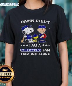 Alt Text: Ladies tee featuring Snoopy and Charlie Brown with 'Awesome Damn Right I Am A Rays Fan Now And Forever' design.