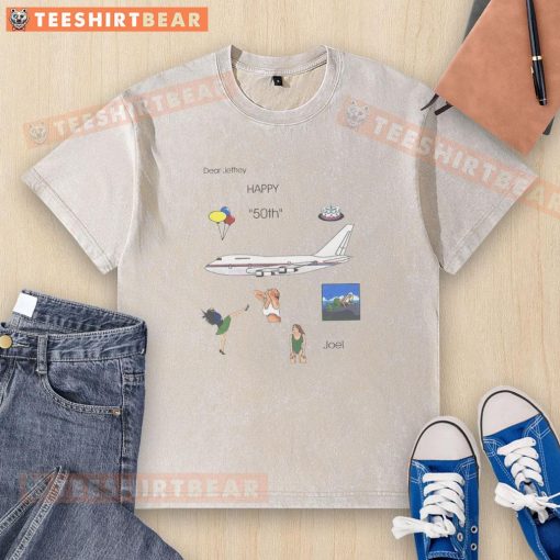 Alt Text: Awesome Dear Jeffrey Happy 50th Joel washed t-shirt featuring vibrant colors and fun design for a birthday celebration.