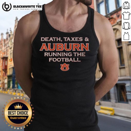 Alt Text: Auburn Tigers running the football tank top featuring 'Awesome Death Taxes' design, perfect for game day attire.