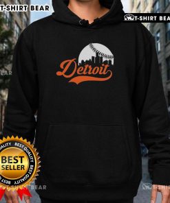 Awesome Detroit Tigers baseball skyline hoodie featuring the team's logo against a vibrant city skyline backdrop.