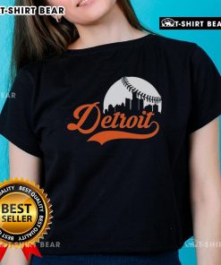 Awesome Detroit Tigers baseball skyline ladies tee featuring a vibrant cityscape and team logo, perfect for fans.