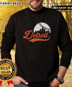 Awesome Detroit Tigers baseball skyline sweatshirt featuring vibrant team colors and iconic city skyline design.