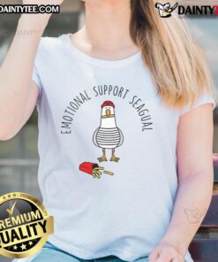 Awesome Emotional Support Seagull enjoying French fries with a lady in a casual tee, perfect for bird lovers and humor.