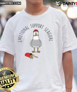 Awesome Emotional Support Seagull French Fries T-Shirt featuring a quirky seagull graphic with fries, perfect for casual wear.