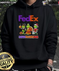 Alt Text: Awesome FedEx X Grinch cosplay hoodie for Happy HalloThanksMas, featuring vibrant colors and festive design.
