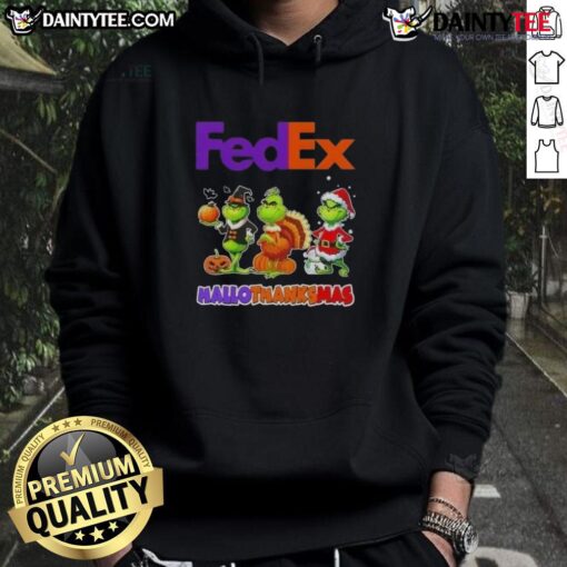 Alt Text: Awesome FedEx X Grinch cosplay hoodie for Happy HalloThanksMas, featuring vibrant colors and festive design.