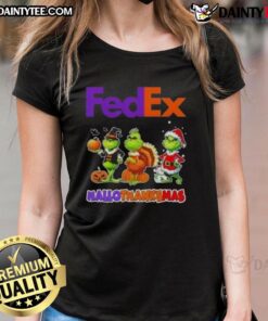 Happy HalloThanksMas ladies tee featuring Awesome FedEx X Grinch cosplay design, perfect for festive celebrations.