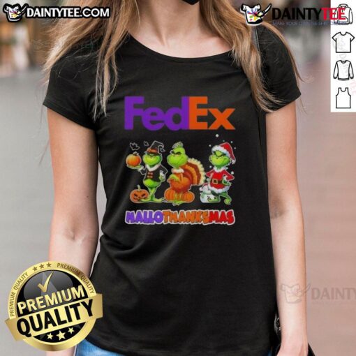 Happy HalloThanksMas ladies tee featuring Awesome FedEx X Grinch cosplay design, perfect for festive celebrations.