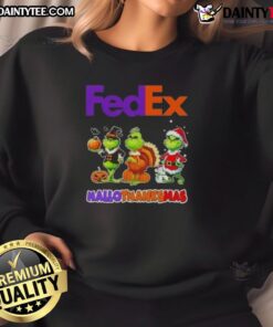 Alt Text: Awesome FedEx X Grinch cosplay sweatshirt for Happy HalloThanksMas celebration, featuring festive design and vibrant colors.