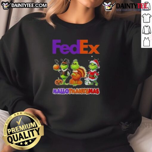 Alt Text: Awesome FedEx X Grinch cosplay sweatshirt for Happy HalloThanksMas celebration, featuring festive design and vibrant colors.
