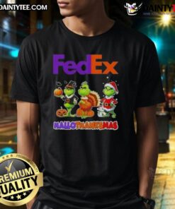 Awesome FedEx x Grinch cosplay t-shirt for Happy Hallothanksmas, featuring festive graphics and vibrant colors.