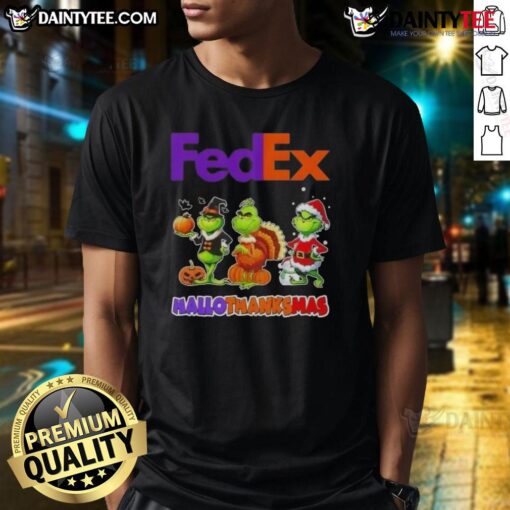 Awesome FedEx x Grinch cosplay t-shirt for Happy Hallothanksmas, featuring festive graphics and vibrant colors.