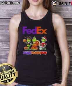 Awesome FedEx X Grinch cosplay tank top for Happy HalloThanksMas, featuring festive colors and unique design.