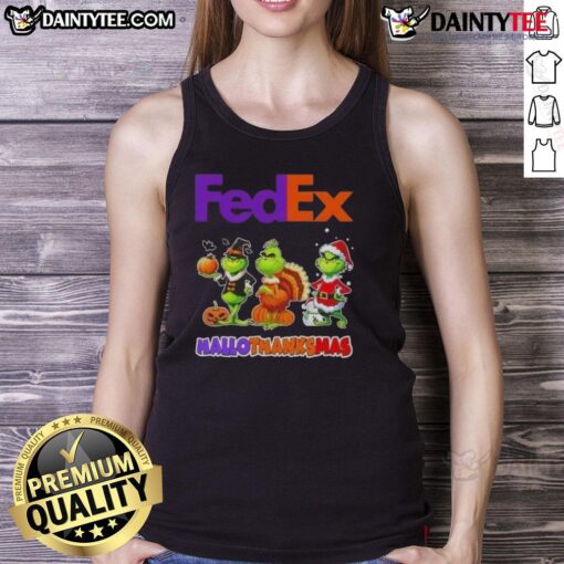 Awesome FedEx X Grinch cosplay tank top for Happy HalloThanksMas, featuring festive colors and unique design.