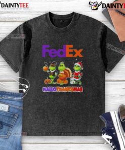 Awesome FedEx X Grinch cosplay t-shirt for Happy HalloThanksMas, featuring vibrant colors and festive design.