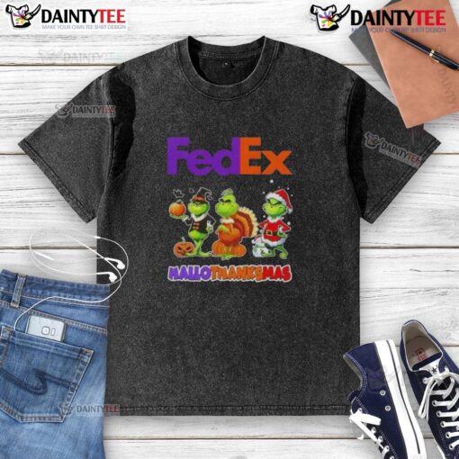 Awesome FedEx X Grinch cosplay t-shirt for Happy HalloThanksMas, featuring vibrant colors and festive design.