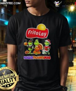 Awesome Frito Lay X Grinch cosplay T-shirt for Happy Hallothanksmas featuring colorful graphics and festive design.