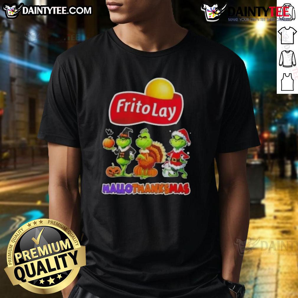 Awesome Frito Lay X Grinch Cosplay Happy Hallothanksmas T Shirt Awesome Frito Lay X Grinch cosplay T-shirt for Happy Hallothanksmas featuring colorful graphics and festive design.