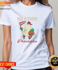 Awesome Ghost Philadelphia Phillies Phanatic Red October Halloween Ladies Tee featuring a playful design for fans.