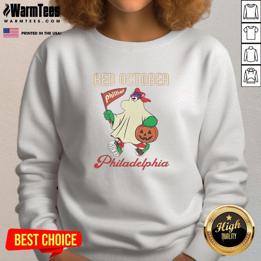 Awesome Ghost Philadelphia Phillies Phanatic Red October Halloween Sweatshirt Alt Text: Awesome Ghost Philadelphia Phillies Phanatic Red October Halloween Sweatshirt featuring a spooky design for fans.