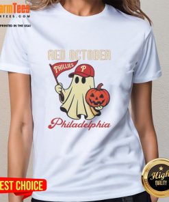 Awesome Ghost Philadelphia Phillies Red October Halloween Ladies Tee featuring a spooky design for festive fans.