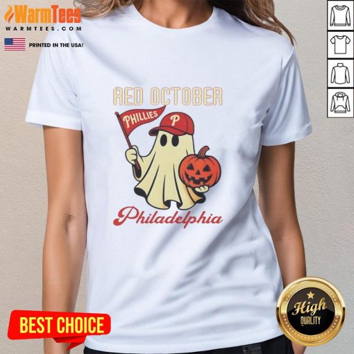 Awesome Ghost Philadelphia Phillies Red October Halloween Ladies Tee featuring a spooky design for festive fans.