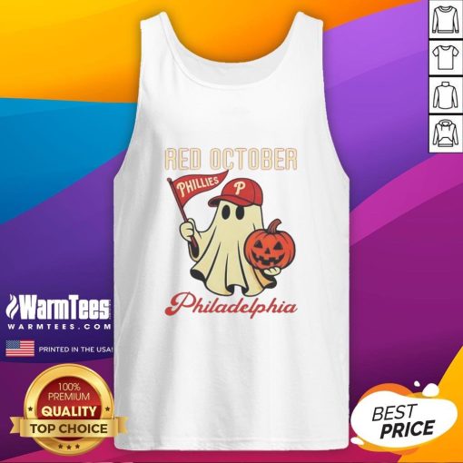 Awesome Ghost Philadelphia Phillies Red October Halloween tank top featuring a spooky design for fans celebrating Halloween.