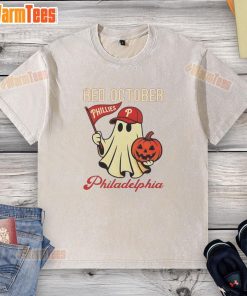 Awesome Ghost Philadelphia Phillies Red October Halloween washed t-shirt featuring a spooky design for fans.