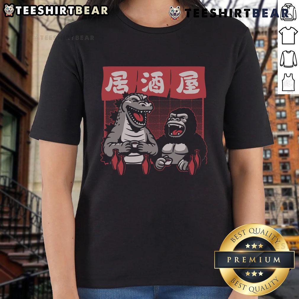 Awesome Giant Movie Monsters Bar Kong And Godzilla Sake Ladies Tee Awesome Giant Movie Monsters Bar: Kong and Godzilla graphic on a stylish ladies tee, perfect for fans of classic films.