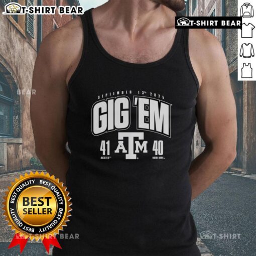 Texas A&M Aggies vs. Notre Dame Fighting Irish tank top celebrating the thrilling 2025 game score of 41-40.