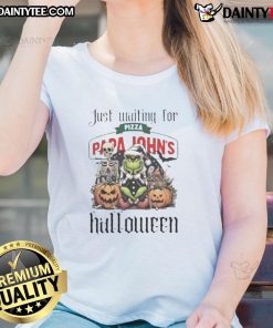 Alt Text: Awesome Grinch Halloween ladies tee featuring the Grinch eagerly waiting for Papa John's pizza delivery.