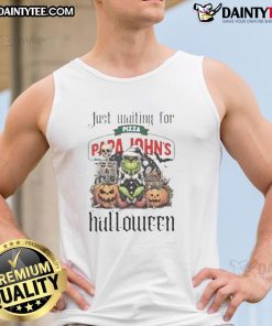 Awesome Grinch tank top waiting for Papa John's pizza, perfect for Halloween celebrations and festive fun.