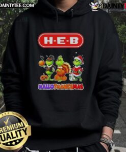 Alt Text: H-E-B Grinch cosplay hoodie for Happy HalloThanksMas, featuring a festive design perfect for holiday celebrations.