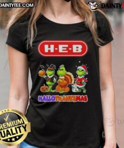 Happy HalloThanksMas ladies tee featuring awesome H-E-B Grinch cosplay design for festive holiday fun.