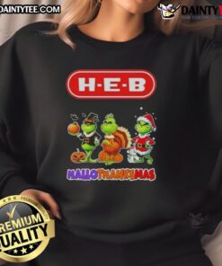 Awesome H-E-B X Grinch cosplay sweatshirt for Happy HalloThanksMas featuring festive design and cheerful colors.
