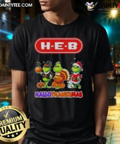 Awesome H-E-B X Grinch Cosplay Happy Hallothanksmas T-Shirt featuring vibrant graphics of the Grinch and festive design.