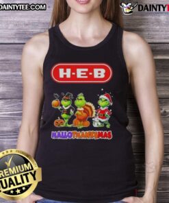 Awesome H-E-B X Grinch cosplay tank top for Happy HalloThanksMas celebration, featuring festive design and vibrant colors.