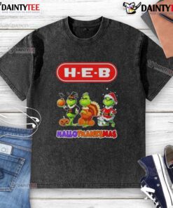 Awesome H-E-B Grinch cosplay t-shirt for Happy HalloThanksMas, featuring a festive design perfect for holiday celebrations.