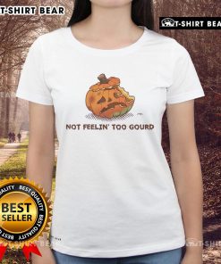 Awesome Halloween pumpkin graphic on a women's tee, featuring a fun 'Not Feeling Too Gourd' design for festive vibes.