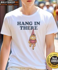 Awesome Hang In There Garfield T-Shirt featuring a playful design of Garfield hanging from a branch.