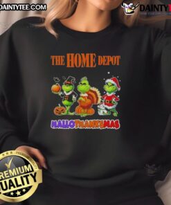 Awesome Home Depot X Grinch cosplay sweatshirt for Happy HalloThanksMas, featuring festive design and cozy fit.