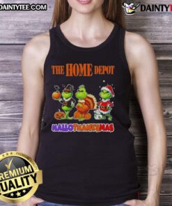 Awesome Home Depot X Grinch cosplay tank top for Happy HalloThanksMas celebration, featuring festive graphics and vibrant colors.