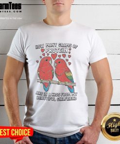 Alt Text: Awesome T-shirt design featuring the phrase 'How Many Grams Of Protein Are In A Kiss From My Beautiful Girlfriend.'