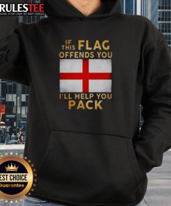 Alt Text: Union Jack hoodie with 'If this flag offends you, I'll help you pack' slogan for patriotic Britain fans.